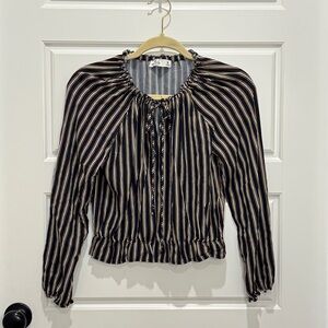 Hollister Navy Striped Peasant Blouse Long Sleeve Drawstring Hem Boho Top Size M
